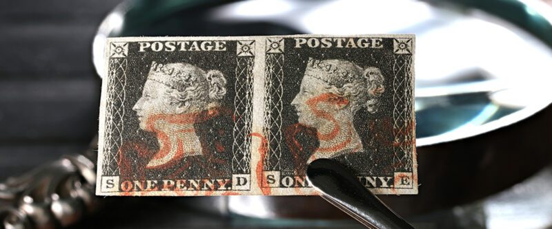 Stamp Dealer Insurance - Set of two Penny Black Stamps between tweezers